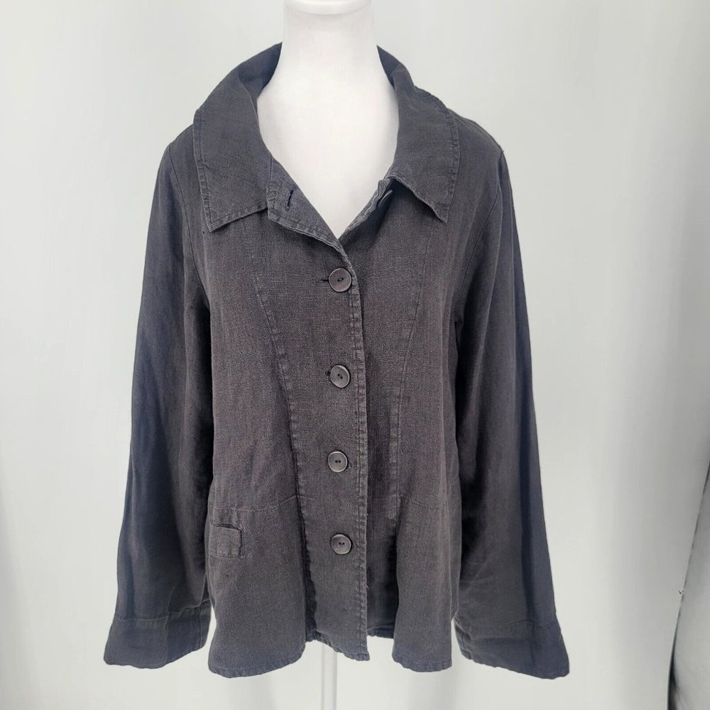 FLAX Gray 100% Linen Button Front Shirt Top Long Sleeve Women's Size Small